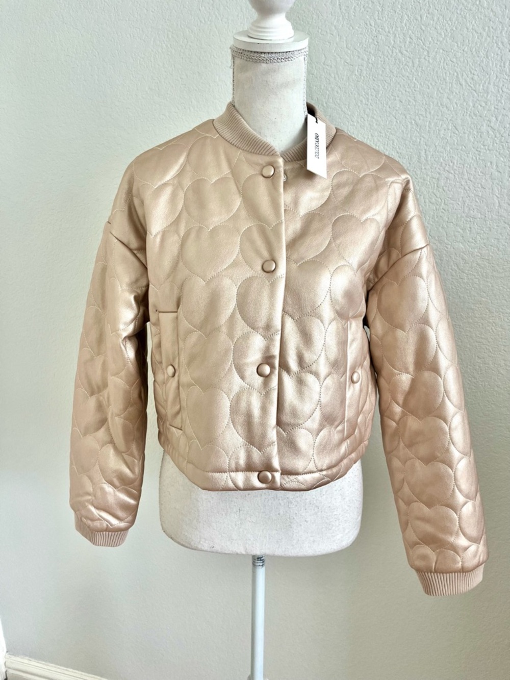 Quilted Metallic Champagne/Rose Gold Heart Bomber Jacket